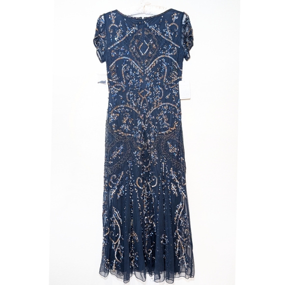 NWT Pisarro Nights Beaded Mesh Midi Cocktail Dress in Navy - Picture 10 of 16